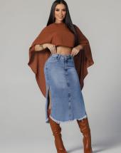 Saia Jeans Midi Barrinha Desfiada e Fendas Laterais Atacado 44 Goiânia