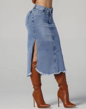 Saia Jeans Midi Barrinha Desfiada e Fendas Laterais Atacado 44 Goiânia