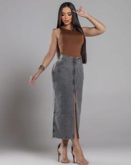 Saia Jeans Midi com Zíper e Fenda Frontal