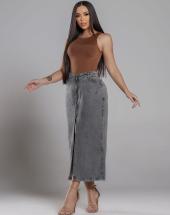 Saia Jeans Midi com Zíper e Fenda Frontal Atacado 44 Goiânia
