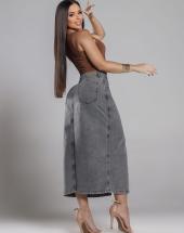 Saia Jeans Midi com Zíper e Fenda Frontal Atacado 44 Goiânia