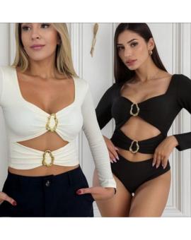 Body Feminino Manga Longa Decotado