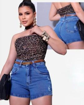 Bermuda Jeans Feminina Cinto Couro