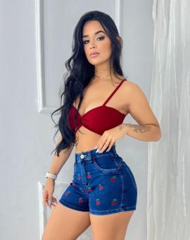 Short Jeans Feminino Bordado Cerejinha