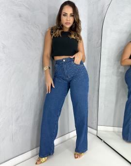 Calça Jeans Feminina Wid Leg com Strass