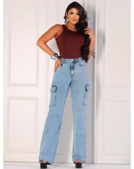 Calça Jeans Feminina Wid Leg Cargo