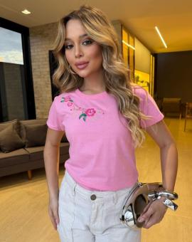 T-shirt de Luxo Rosa Bordada