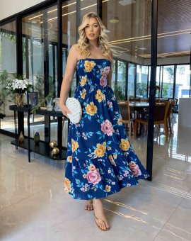 Vestido Longo de Lastex Estampado