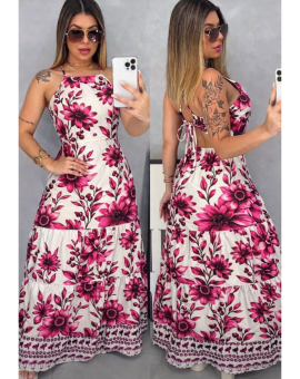 Vestido Longo Estampa Floral Rosa