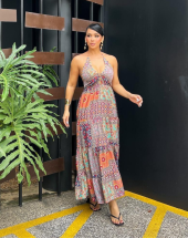 Vestido Longo Estampa Indiana Decotado Atacado 44 Goiânia