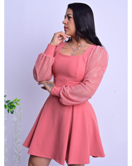 Vestido Rodado Manga Bufante de Tule