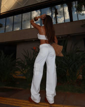 Calça Wid Leg Branca Bolso Cargo Atacado 44 Goiânia