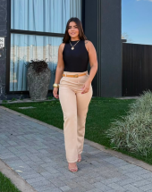 Calça Feminina Alfaiataria Bege Elegante Atacado 44 Goiânia