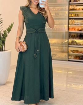 Vestido Longo Decote V Babado Ombros
