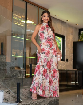 Vestido Longo Florido Gola Alta
