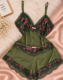 Baby Doll Verde com Renda Florida