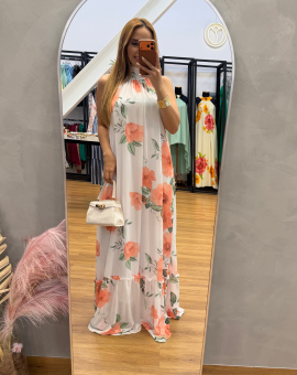 Vestido Longo Estampa Florida Gola Alta